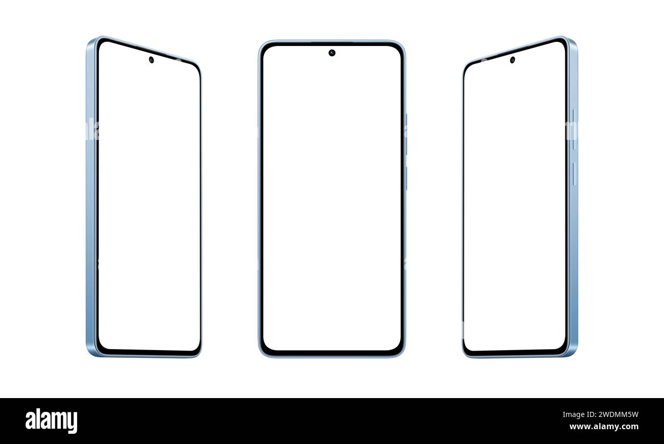 Blaues, modernes Smartphone-Modell mit dünnen, runden Kanten, in drei Positionen auf weißem Hintergrund angezeigt Stockfoto