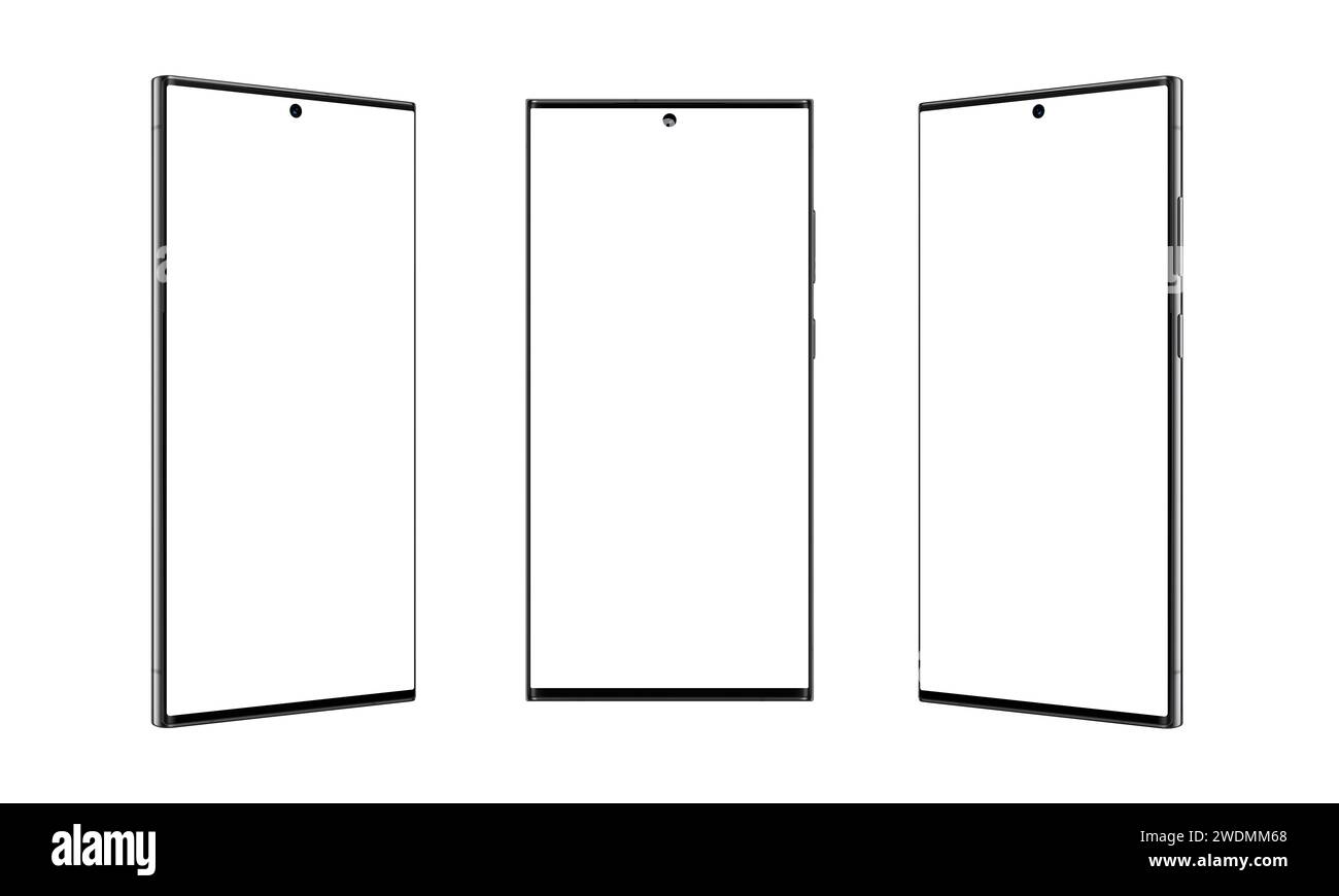 Drei Positionen eines modernen, quadratischen Smartphones mit dünnen, scharfen Kanten, isoliert auf weiß Stockfoto