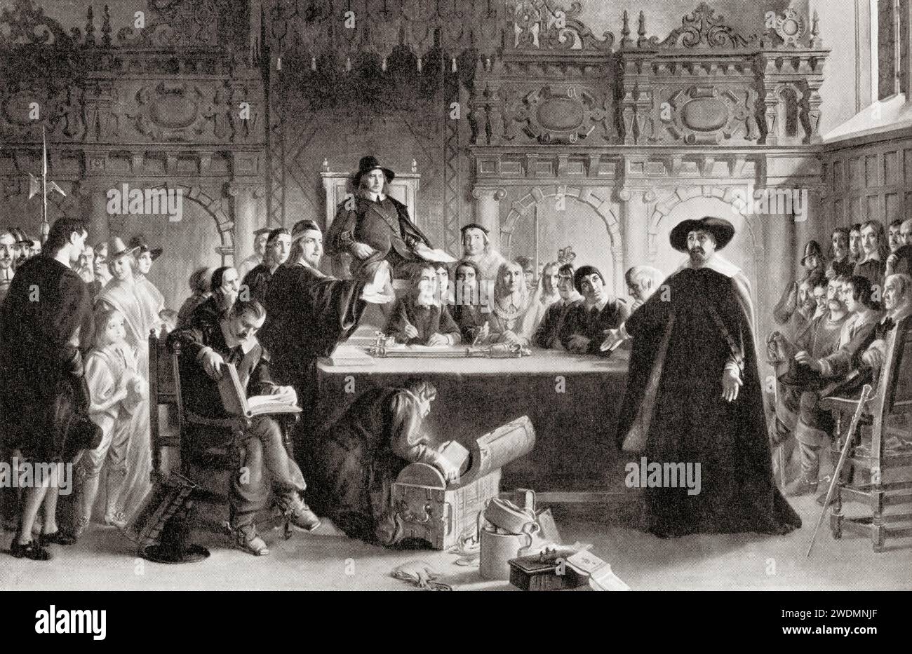 Menasseh Ben Israel bittet Oliver Cromwell 1657 um die Wiederaufnahme der Juden nach England nach deren Vertreibung durch König Eduard I. im Jahr 1290. Manoel Dias Soeiro, 1604-1657, alias Menasseh ben Israel und Menasheh ben Yossef ben Yisrael. Portugiesischer Kabbalist, Schriftsteller, Rabbiner, Diplomat, Verleger, Drucker und Gründer der ersten hebräischen Druckerei in Amsterdam im Jahr 1626. Stockfoto