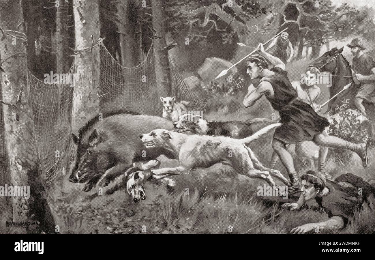 Jagd auf Wildschweine mit Hunden und Speeren im alten Rom. Stockfoto