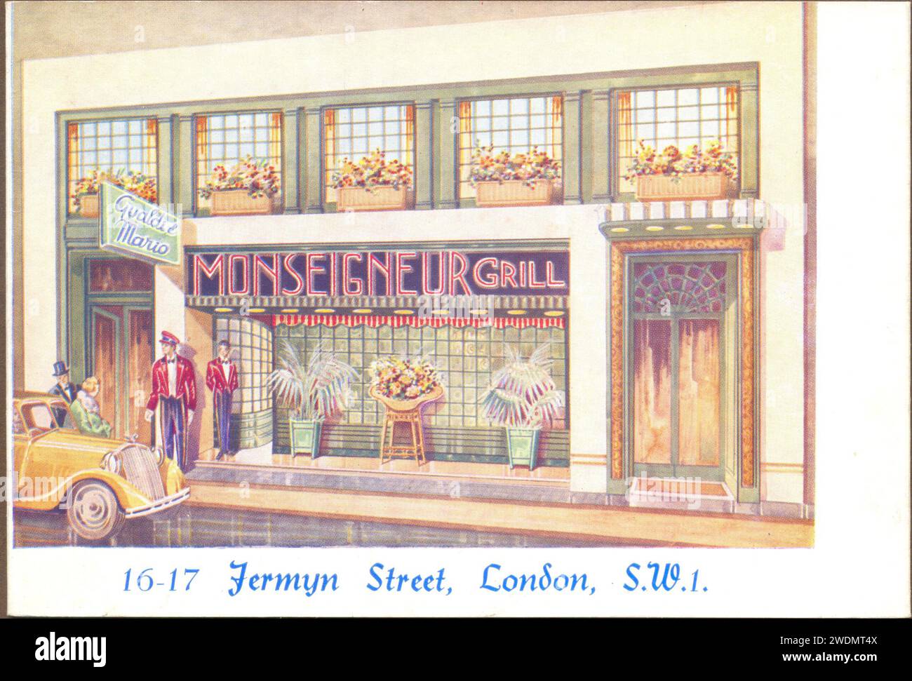 Tauschkarte für Monseigneur Grill Room, Jermyn Street, London S.W.1. UK 1936 Stockfoto