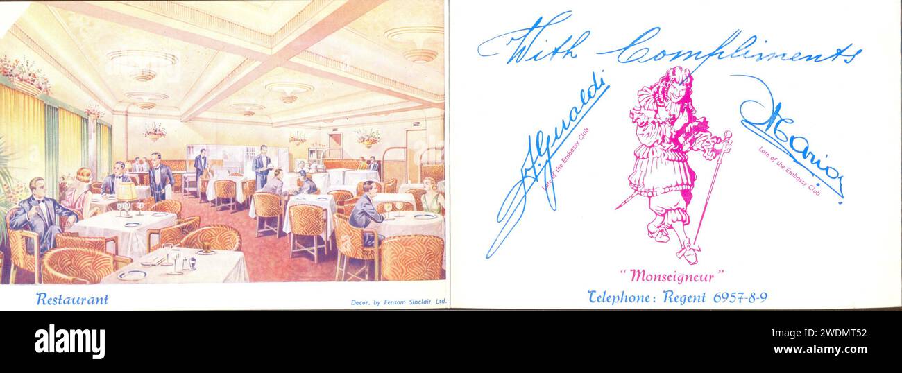 Zentrale Seiten der Handelskarte mit Restaurant im Monseigneur Grill Room, Jermyn Street, London S.W.1. UK 1936 Stockfoto