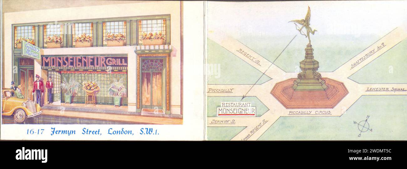 Faltbare Handelskarte für Monseigneur Grill Room, Jermyn Street, London S.W.1. UK 1936 Stockfoto