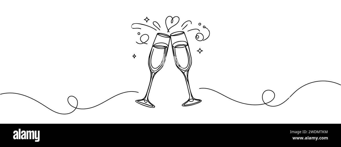 Durchgehende einzeilige Zeichnung von zwei Gläsern Rotwein Stock Vektor