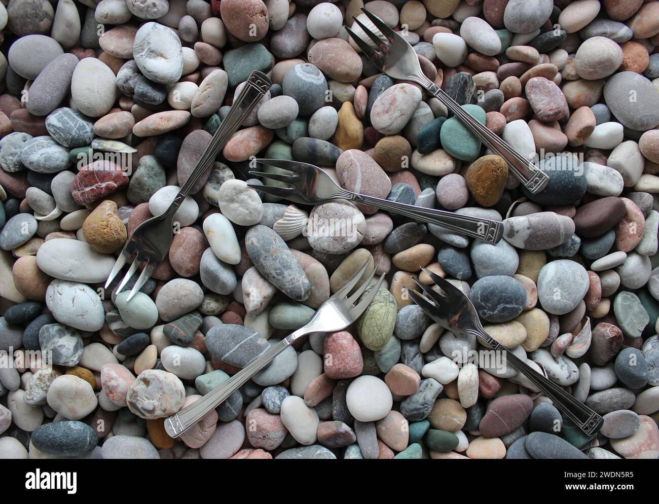 Dieselben Dreizackigen Gabeln Verstreut Auf Glatten Sea Pebbles Top View Stockfoto Stockfoto
