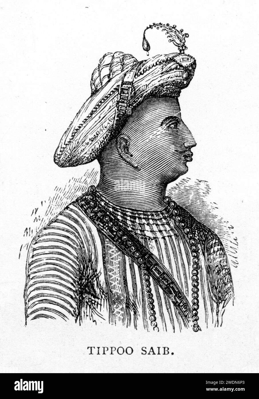 Porträt von Tipu Sultan (Sultan Fateh Ali Sahab Tipu; 1751–1799), gemeinhin als Sher-e-Mysore oder „Tiger of Mysore“ bezeichnet, der indische muslimische Herrscher des Königreichs Mysore mit Sitz in Südindien. Er war ein Pionier der Raketenartillerie. Veröffentlicht um 1880 Stockfoto