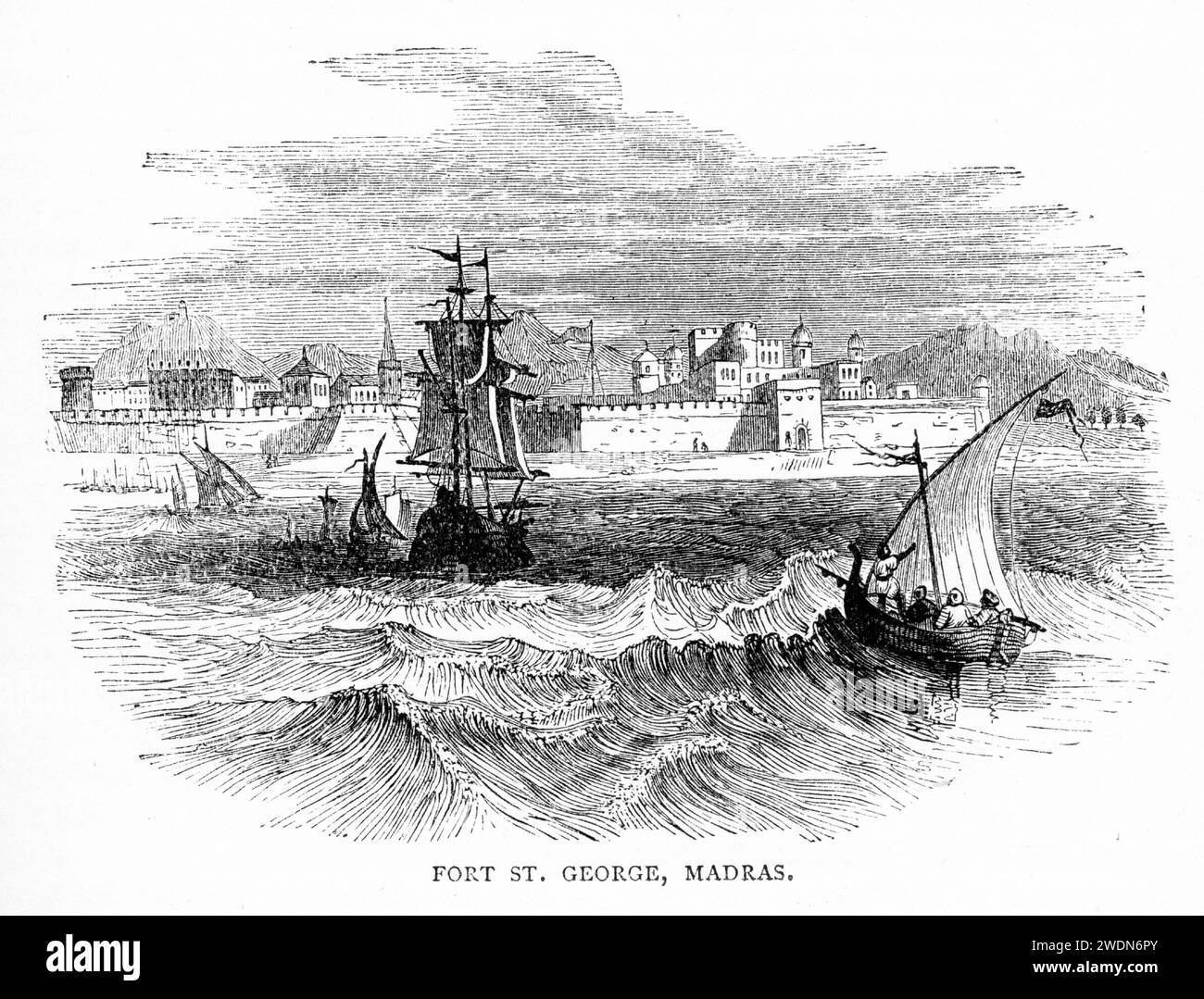 Gravur von Fort St. George (oder historisch Weiße Stadt) eine Festung in der Küstenstadt Chennai, Indien. Sie wurde 1639 gegründet und war die erste englische (später britische) Festung in Indien, die um 1880 veröffentlicht wurde Stockfoto