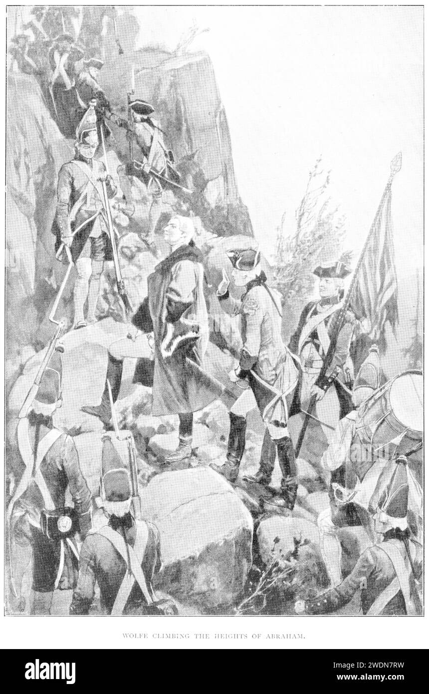 General Wolfe klettert über den Ebenen von Abraham. Nach mehreren Wüstenangriffen von verschiedenen Punkten um Quebec im Spätsommer 1759 entwarf General Wolfe den Plan, die Stadt anderthalb Meilen flussaufwärts anzugreifen, indem er Truppen auf die steilen Klippen in der Nähe der Plains of Abraham schickte. Stockfoto