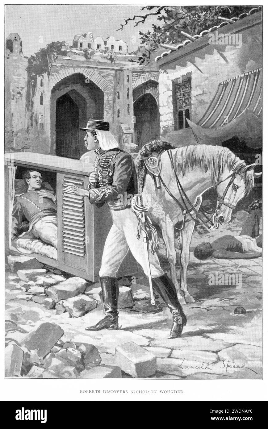 Roberts findet Nicholson tödlich verwundet unter den Mauern von Delhi' (1901). Delhi wurde 1857 von den Briten während der indischen Aufruhr belagert und gefangen genommen. Die Eroberung der Stadt von den Meuterern war für die Briten aufgrund ihrer symbolischen Bedeutung als Sitz der indischen Mogul-Herrscher von entscheidender Bedeutung. Hier findet Lieutenant Frederick Sleigh Roberts seinen Kollegen Brigadegeneral John Nicholson, der im Alter von 35 Jahren an den Folgen von Wunden starb, die er bei der Eroberung der Stadt erlitt. Stockfoto