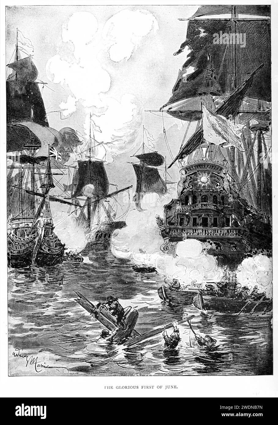 Der glorreiche erste Juni (1. Juni 1794), auch bekannt als Vierte Schlacht von Ushant (in Frankreich bekannt als Bataille du 13 prairial an 2 oder Combat de Prairial) dies war die erste und größte Flottenaktion des Seekrieges zwischen Großbritannien und der Ersten Französischen Republik während der Französischen Unabhängigkeitskriege. Stockfoto