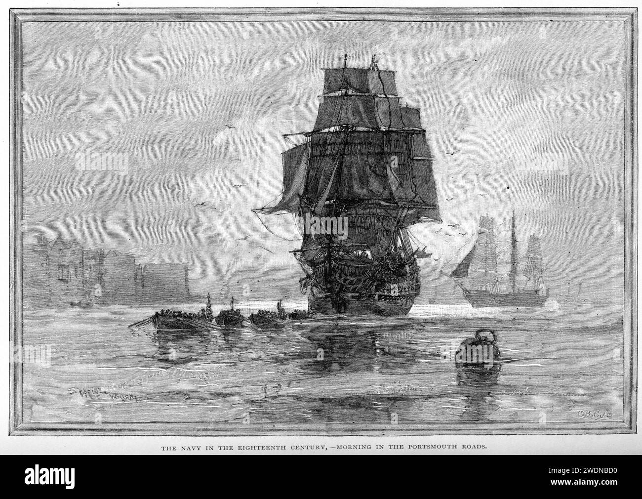 Die Marine Ihrer Majestät im 18. Jahrhundert - Morgen in den Portsmouth Roads Stockfoto