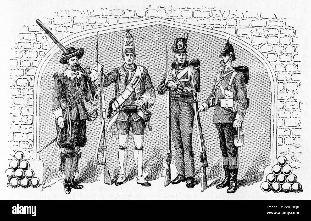 Kupferstich britischer Infanteristen, um 1890 Stockfoto