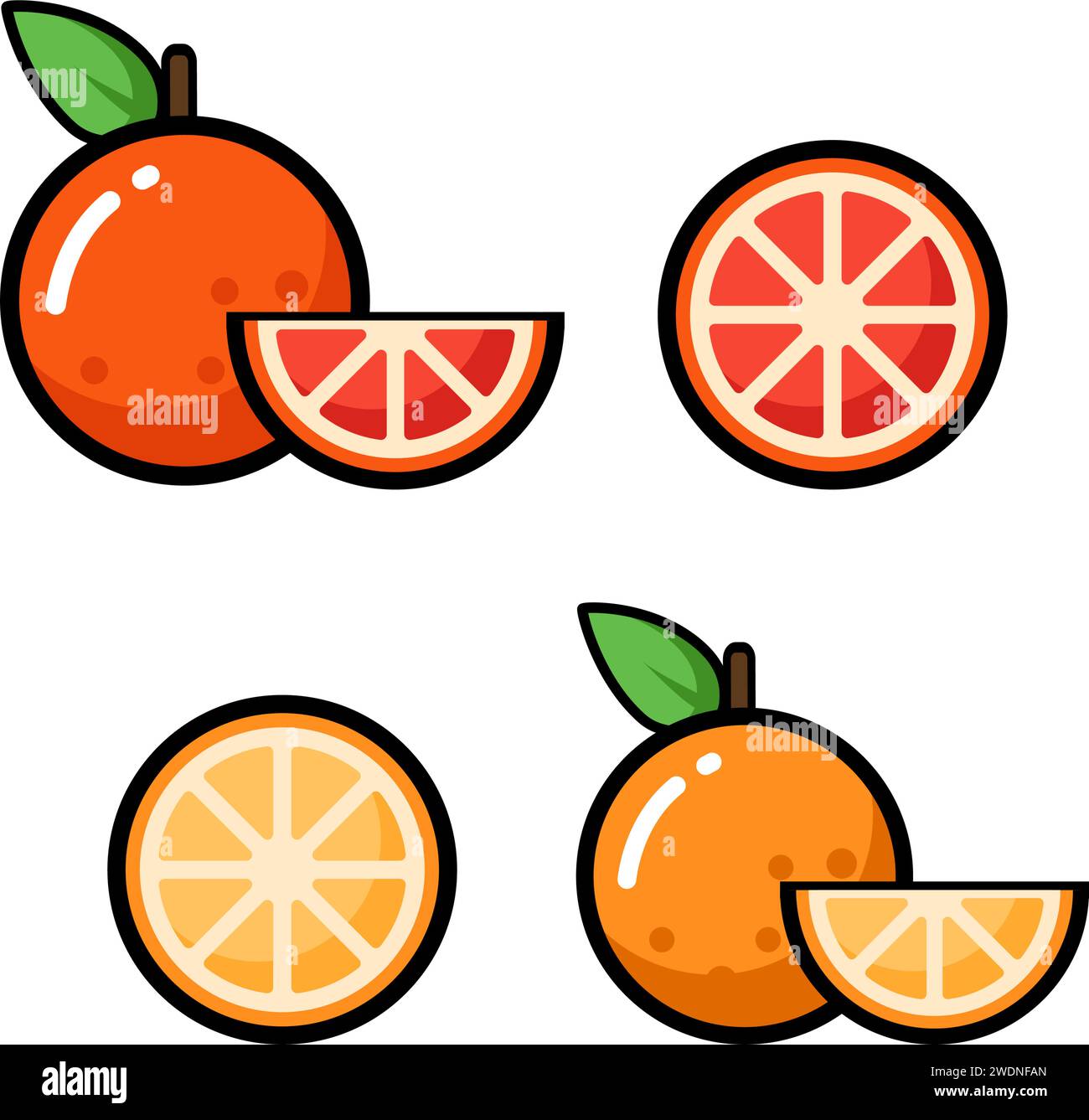 Symbolabbildung. Farbenfrohe Orange und Grapefruit. Isoliert auf weißem Hintergrund. Stock Vektor