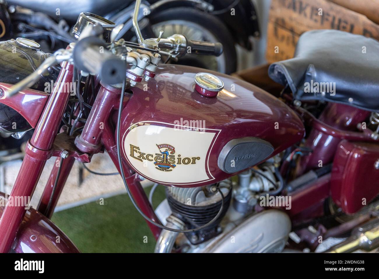 Excelsion Motorbike, ein ehemaliger britischer Motorradhersteller, Motorrad im Robert Stein Motorradmuseum in Mudgee, NSW, Australien, 2024 zu sehen Stockfoto