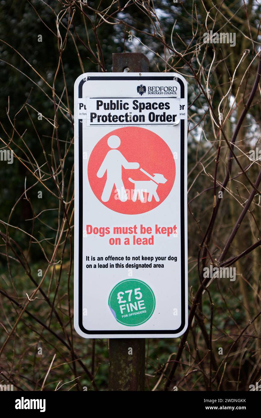 Hunde müssen auf einem Bleischild in Stagsden, Bedfordshire, aufbewahrt werden Stockfoto