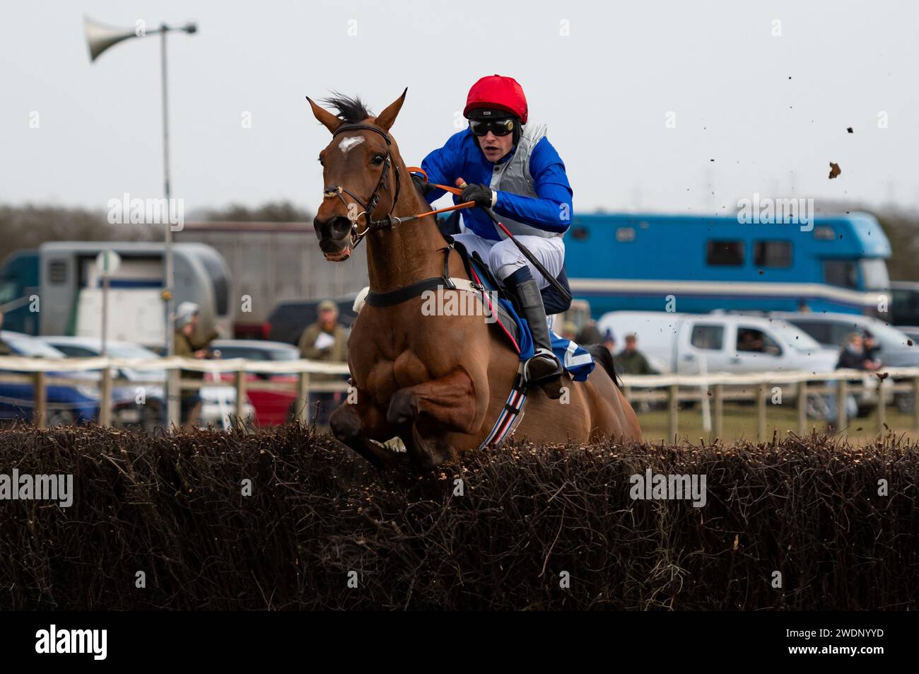 Drei und H. Myddelton gewinnen das 4-, 5- und 6-jährige Maiden Race beim Heythrop Hunt P2P in Cocklebarrow. Credit JTW equine Images / Alamy. Stockfoto