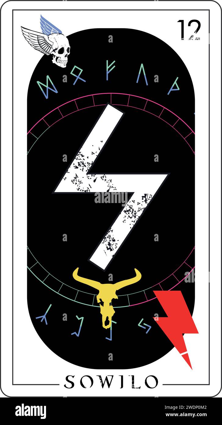 Wikinger-Tarotkarte mit Runenalphabet. Briefe namens Sowilo, zusammen mit einem gehörnten Tier und einem Blitzsymbol. Stock Vektor