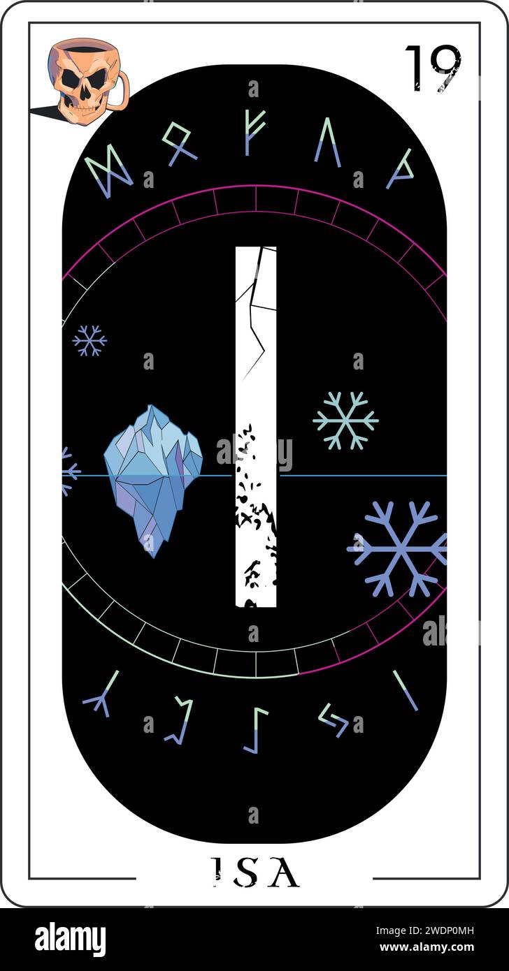 Wikinger-Tarotkarte mit Runenalphabet. Runenbuchstabe namens Isa neben einem Eisberg und das Symbol des Eises auf Schwarz. Stock Vektor