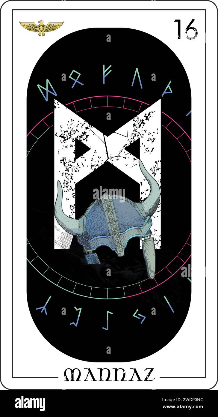 Wikinger-Tarotkarte mit Runenalphabet. Runenbrief namens Mannaz mit gehörntem Helm. Stock Vektor