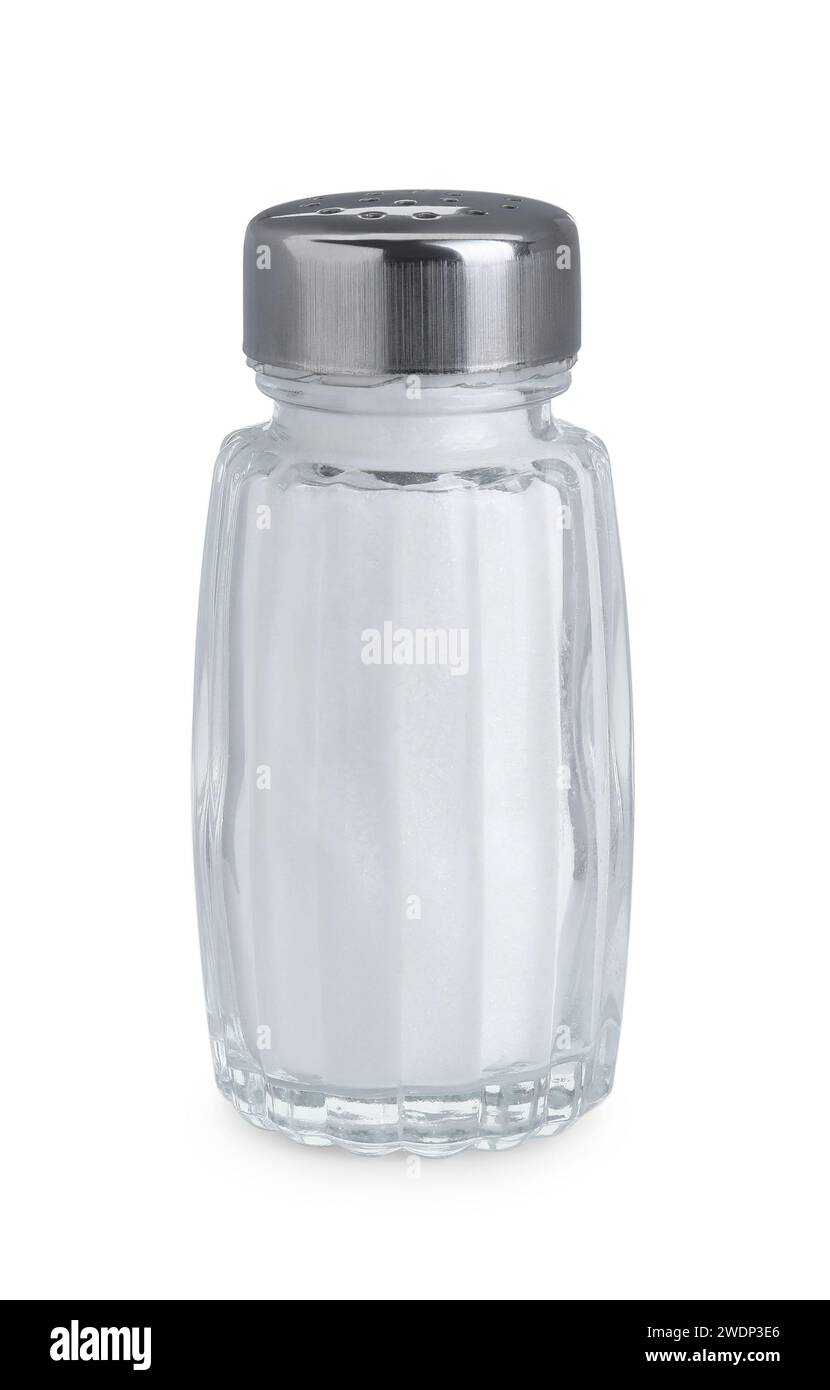 Ein Salzstreuer aus Glas isoliert auf weiß Stockfoto