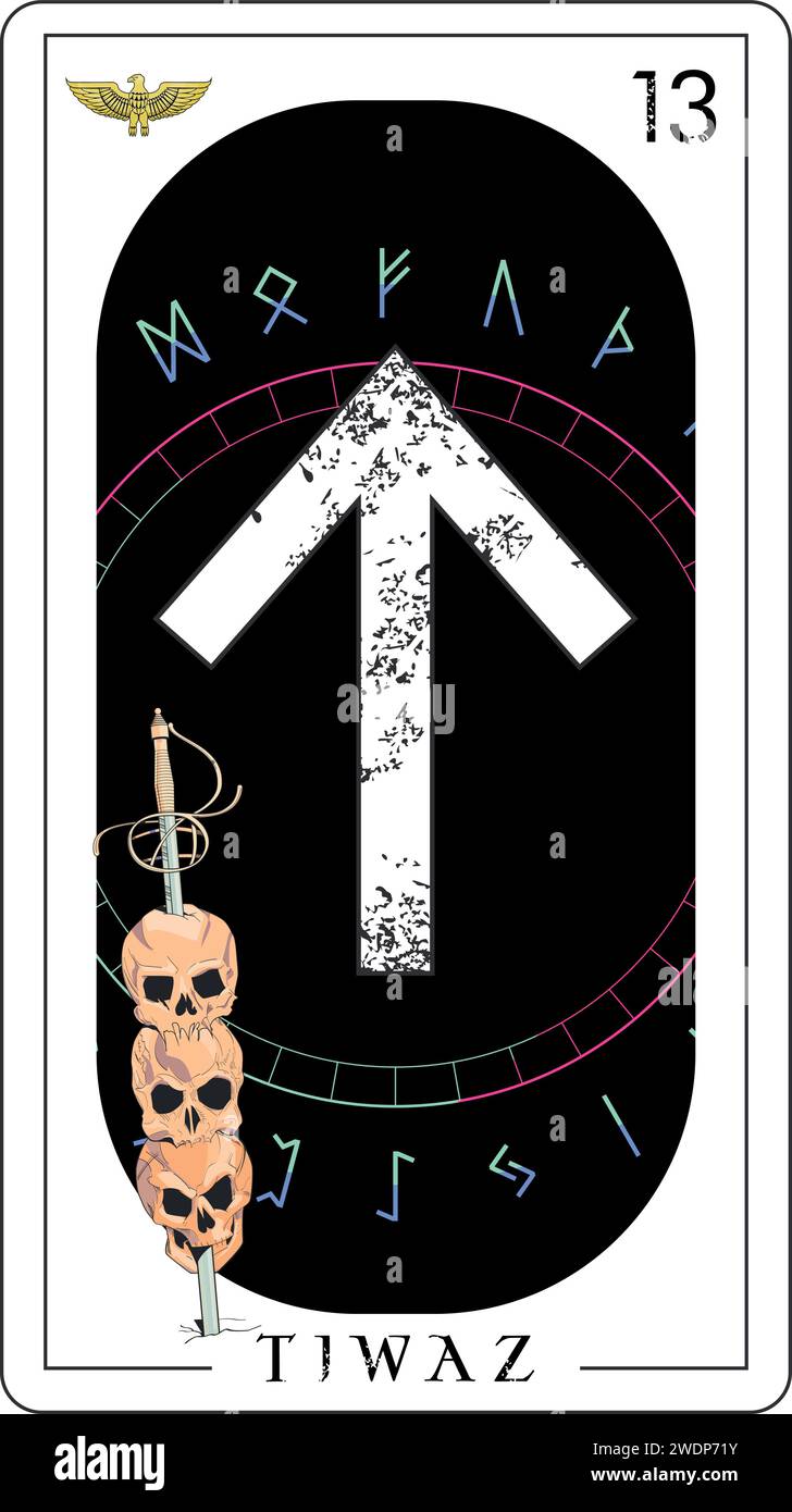 Wikinger-Tarotkarte mit Runenalphabet. Runenbrief namens Tiwaz mit Schädeln Stock Vektor