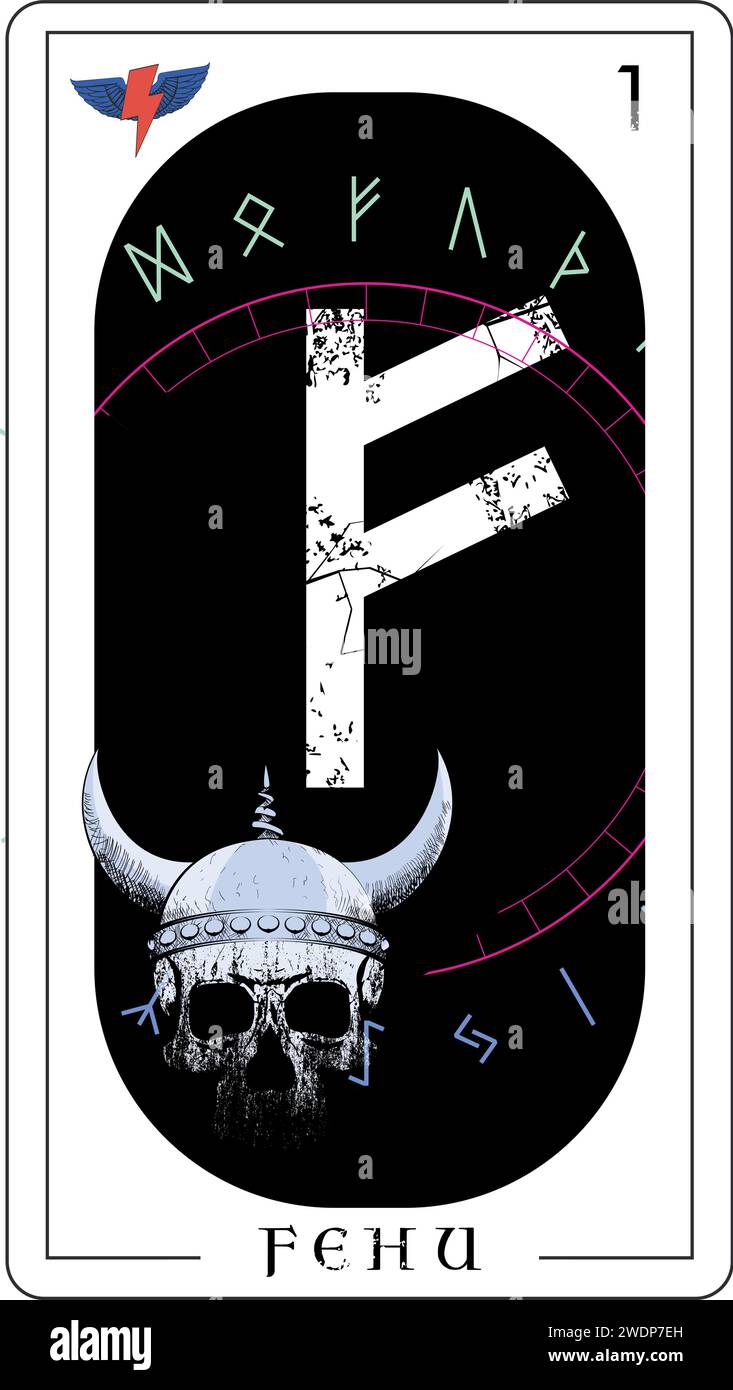 Wikinger-Tarotkarte mit Runenalphabet. Runenbrief namens Fehu neben einem Wikingerschädel. Stock Vektor