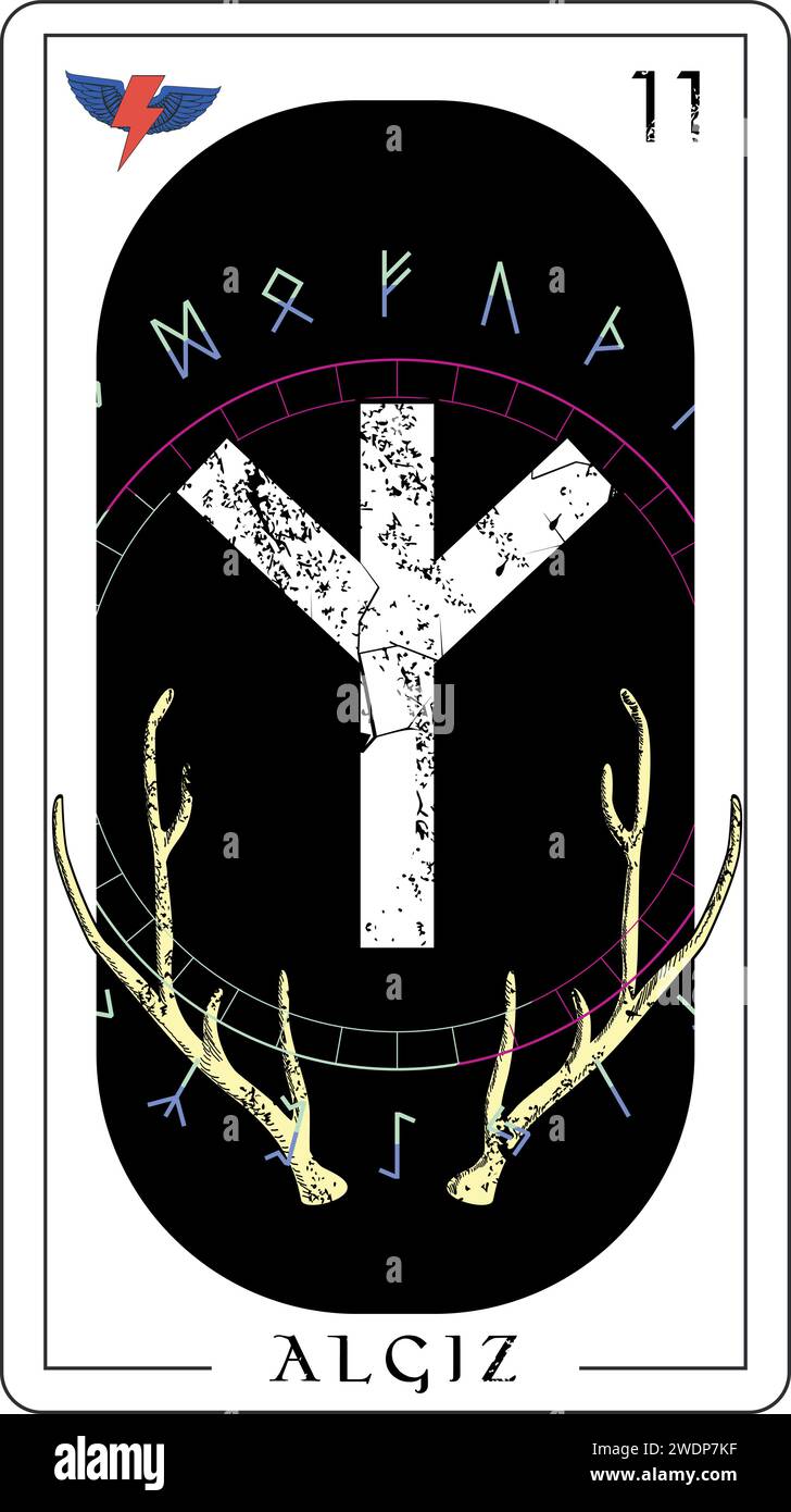 Wikinger-Tarotkarte mit Runenalphabet. Entwerfe ein T-Shirt mit dem Runenschriftzug Algiz neben Elchhörnern. Stock Vektor