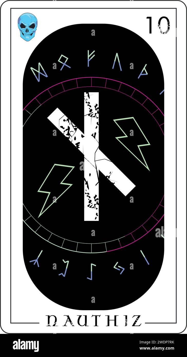 Wikinger-Tarotkarte mit Runenalphabet. Ein runisches T-Shirt namens Nauthiz neben dem Symbol des Blitzes. Stock Vektor