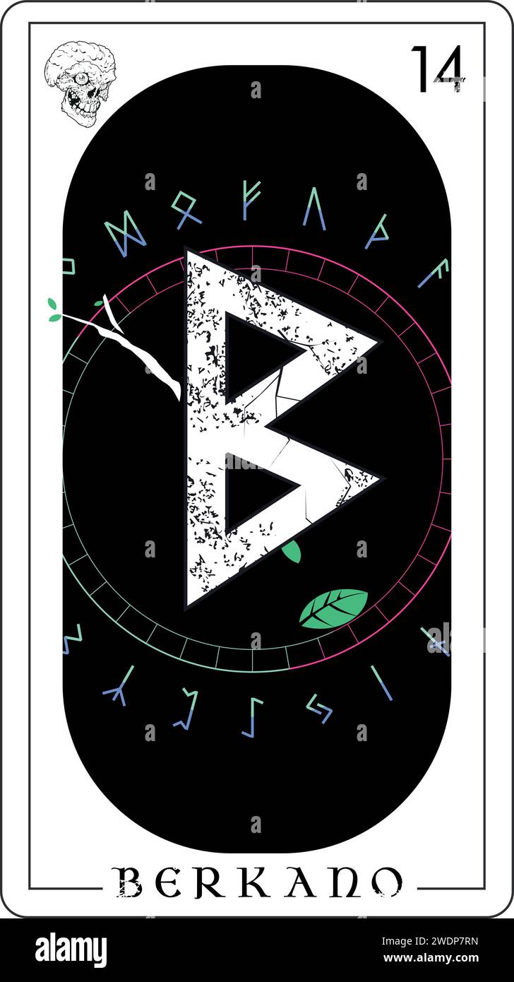 Wikinger-Tarotkarte mit Runenalphabet. Runenbrief namens Berkano, der die Fruchtbarkeit repräsentiert Stock Vektor