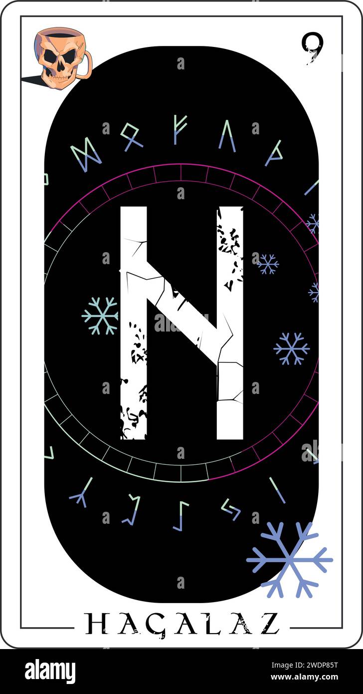 Wikinger-Tarotkarte mit Runenalphabet. Ein runisches T-Shirt namens Hagalaz neben dem Eissymbol. Stock Vektor