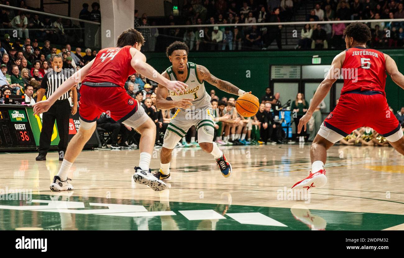 20. Januar 2024 San Francisco CA, USA San Francisco Wächter Malik Thomas (1) fährt während des NCAA Männer Basketballspiels zwischen Saint Mary's Gaels und den San Francisco Dons zum Basketball. Saint Mary's schlug San Francisco 77-60 im war Memorial Gym San Francisco Kalifornien Thurman James/CSM Stockfoto