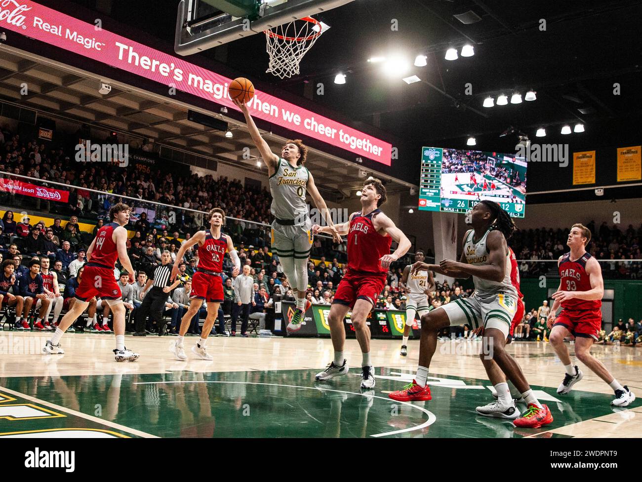 20. Januar 2024 San Francisco CA, USA der US-amerikanische Wachmann Ryan Beasley fährt während des NCAA Männer Basketballspiels zwischen Saint Mary's Gaels und den San Francisco Dons zum Basketball. Saint Mary's schlug San Francisco 77-60 im war Memorial Gym San Francisco Kalifornien Thurman James/CSM Stockfoto