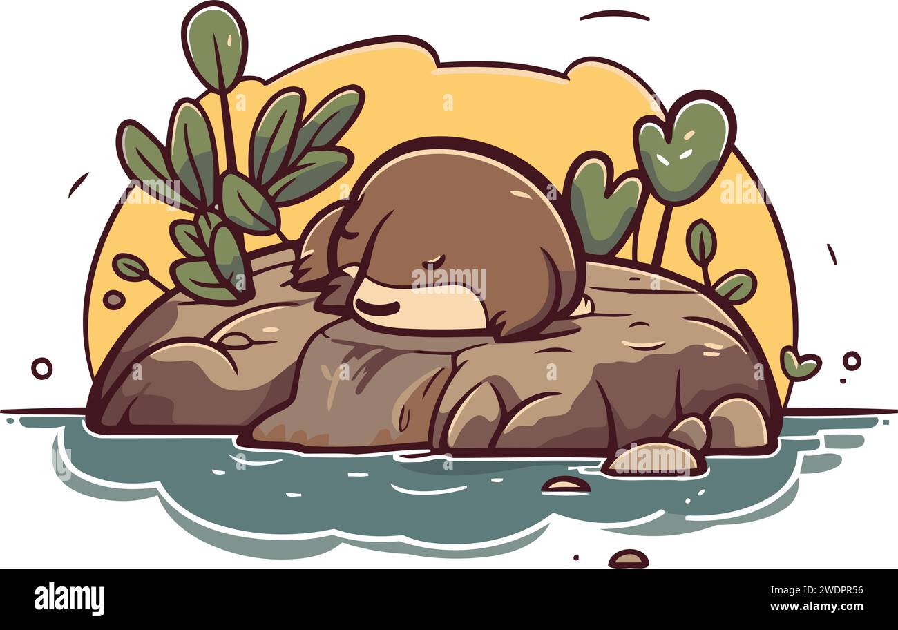 Niedlicher Comic Otter, der auf dem Felsen sitzt. Vektorabbildung. Stock Vektor