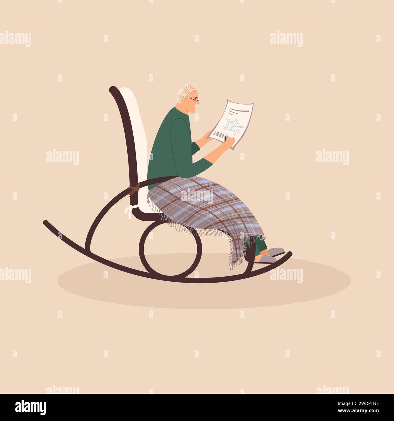 Der ältere niedliche Mann sitzt in einem Schaukelstuhl. Alter Mann bedeckte seine Füße mit kariertem Wollkarier. Cartoon-Großvater löst ein Kreuzworträtsel Stock Vektor