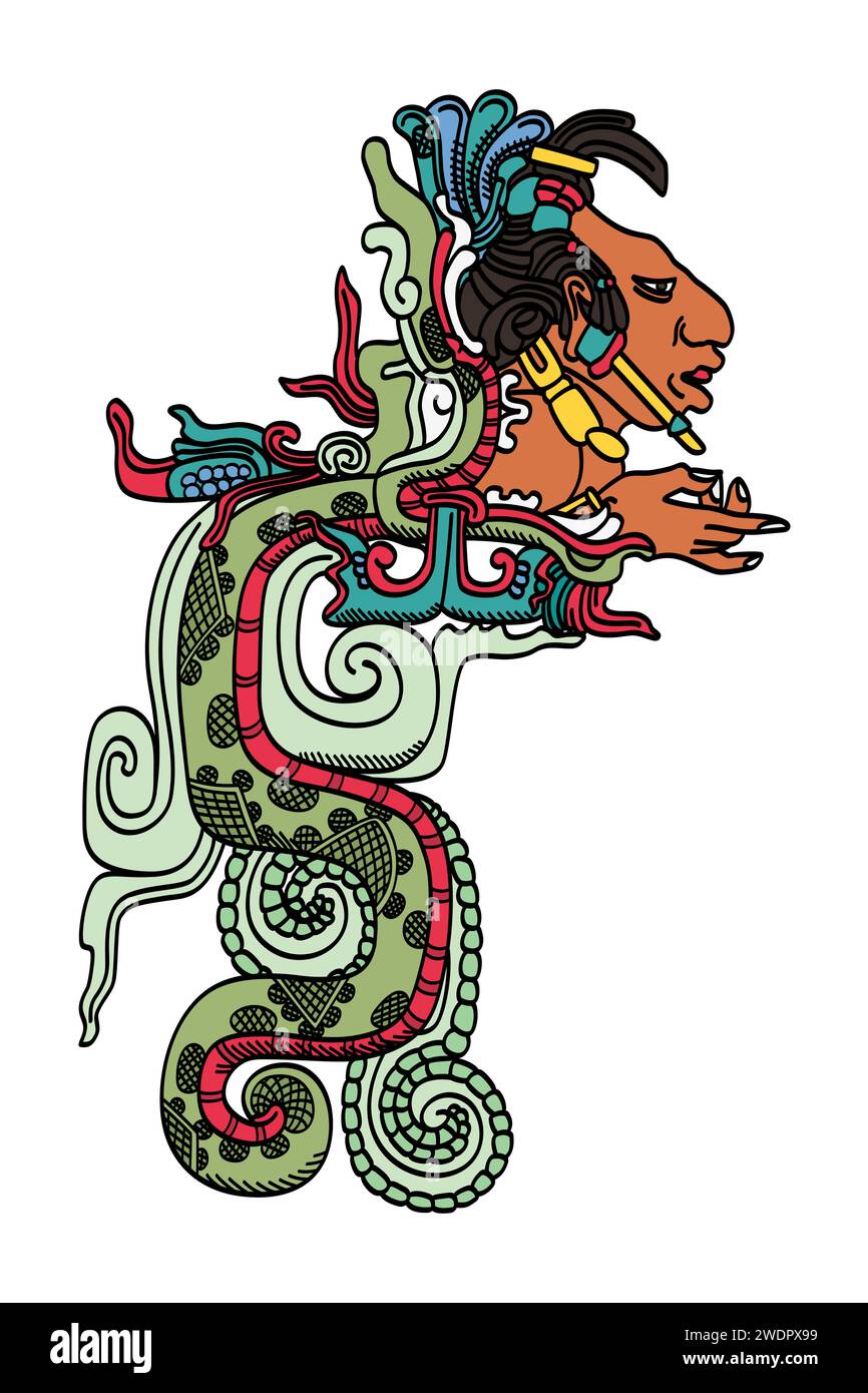 Kukulkan, die Sehschlange, eine Gottheit der Maya-Mythologie. Eng verwandt mit dem aztekischen Quetzalcoatl. Klassische Maya-Vision, wie sie in Yaxchilan dargestellt wird. Stockfoto