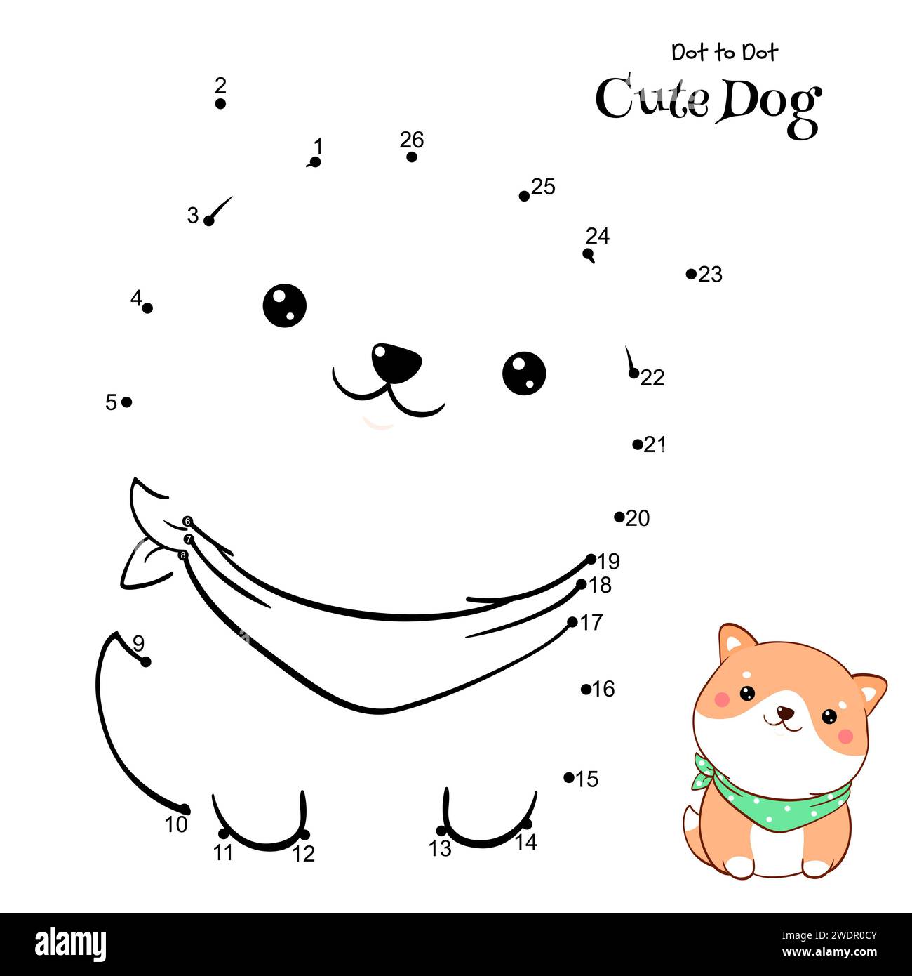 Verbinde die Punkte und zeichne den niedlichen Hund. Punkt-zu-Punkt-Puzzle mit dem Cartoon-kleinen shiba-inu-Welpen. Lernspiel für Kinder. Zeichnung für Vorschulkinder. Stockfoto