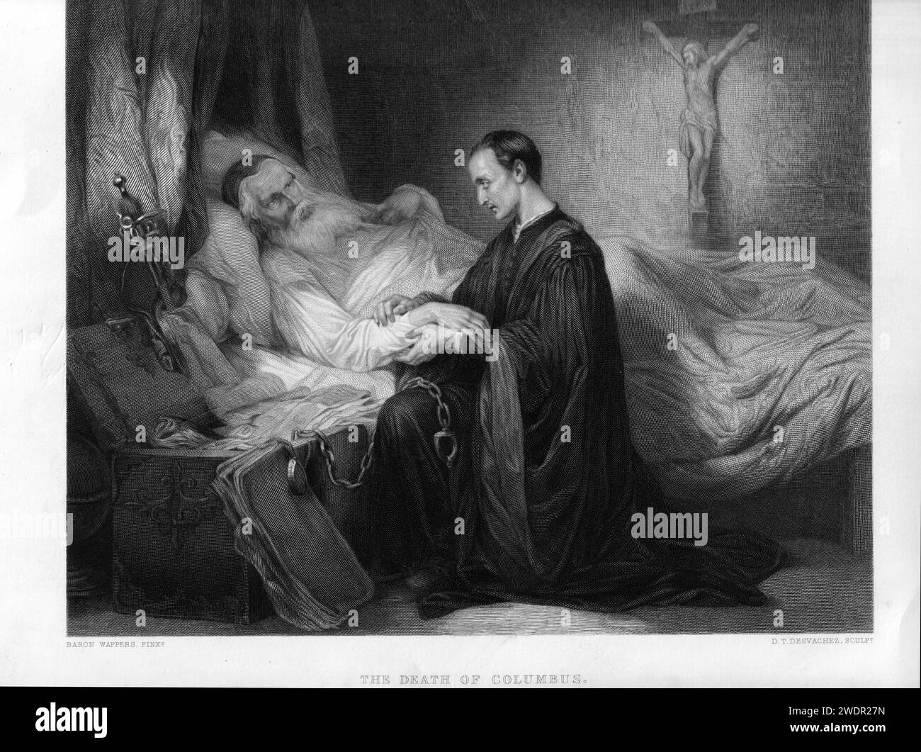 Der Tod von Columbus - Stippelstich von David Joseph Desvachez (1822-1902) nach Gustaf Wappers (1803-1874). Stockfoto