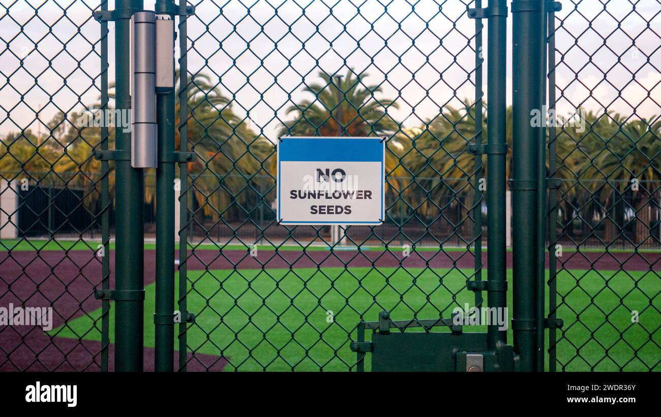 Ein Schild mit der Aufschrift "No Sunflower Seeds" am Tor zu einem Baseballfeld Stockfoto