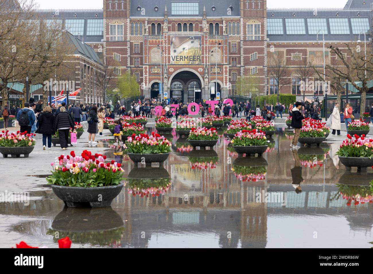 Amsterdam, Niederlande - 21. April 2023: Bunte Tulpenblüten im Teich vor dem Rijksmuseum in Amsterdam. Niederlande Stockfoto