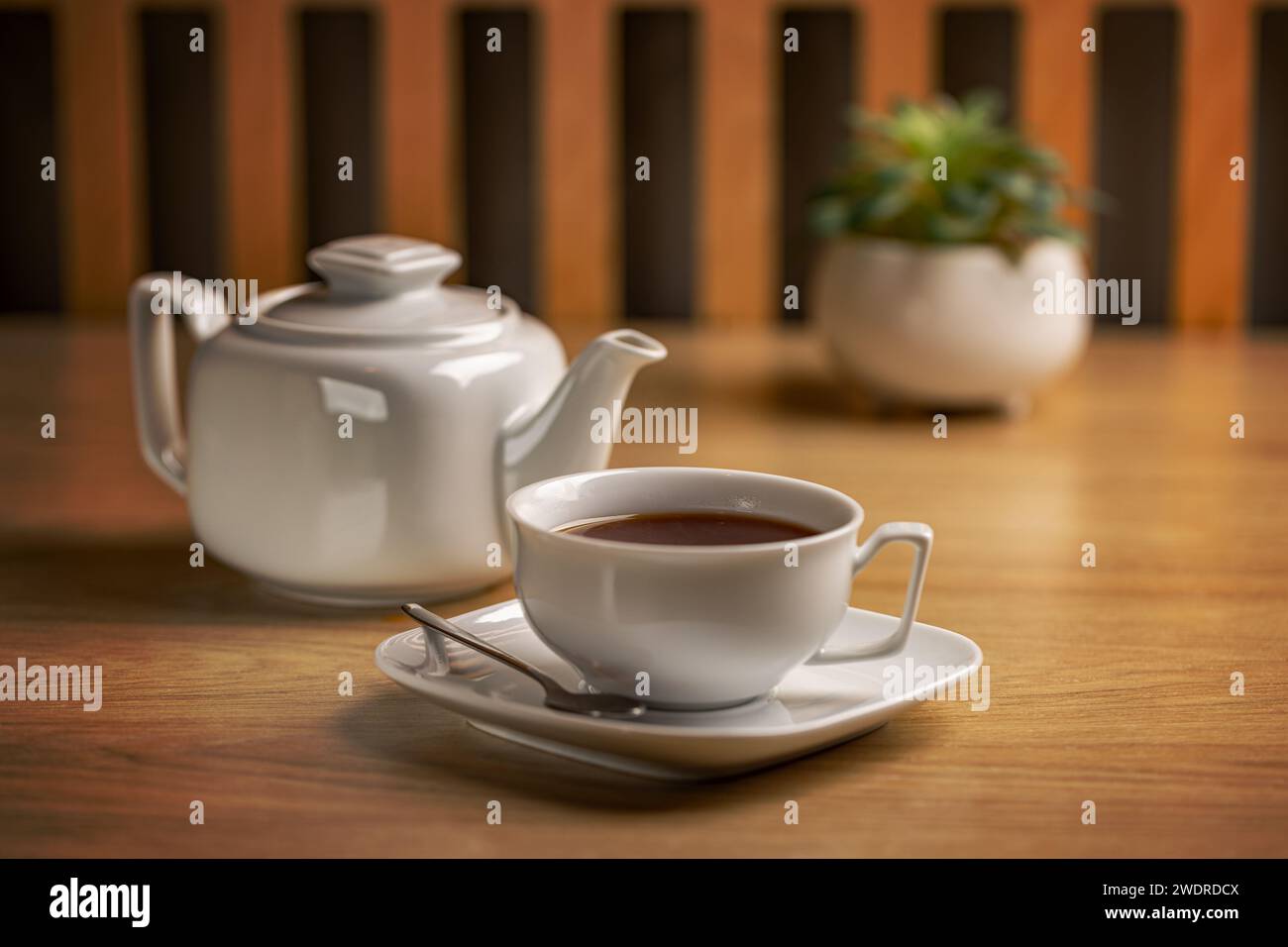 Kräutertee mit weißer Teetasse und Teekanne. Teekonzept Stockfoto