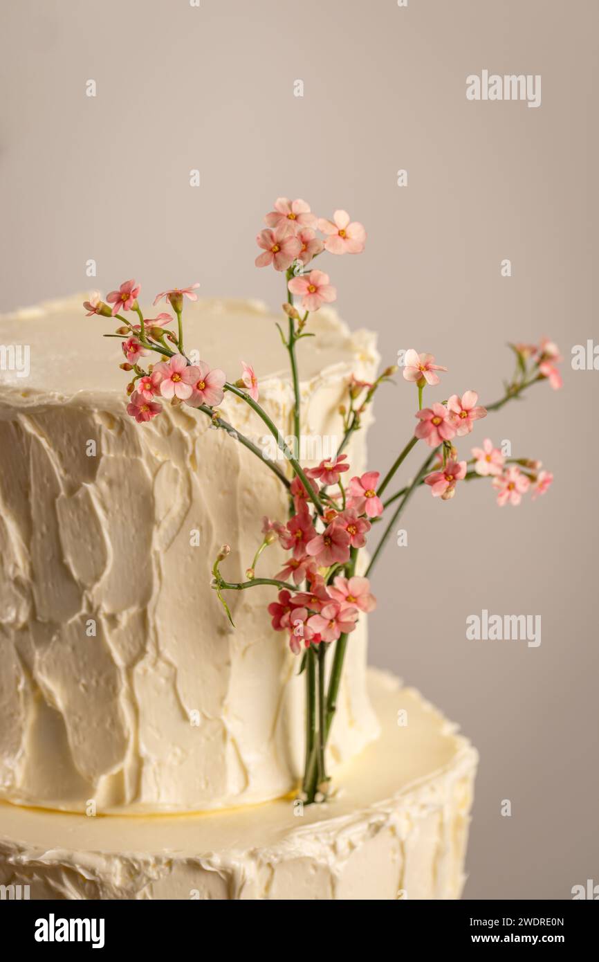 Nahaufnahme von wunderschöner Hochzeitstorte mit Blume Stockfoto