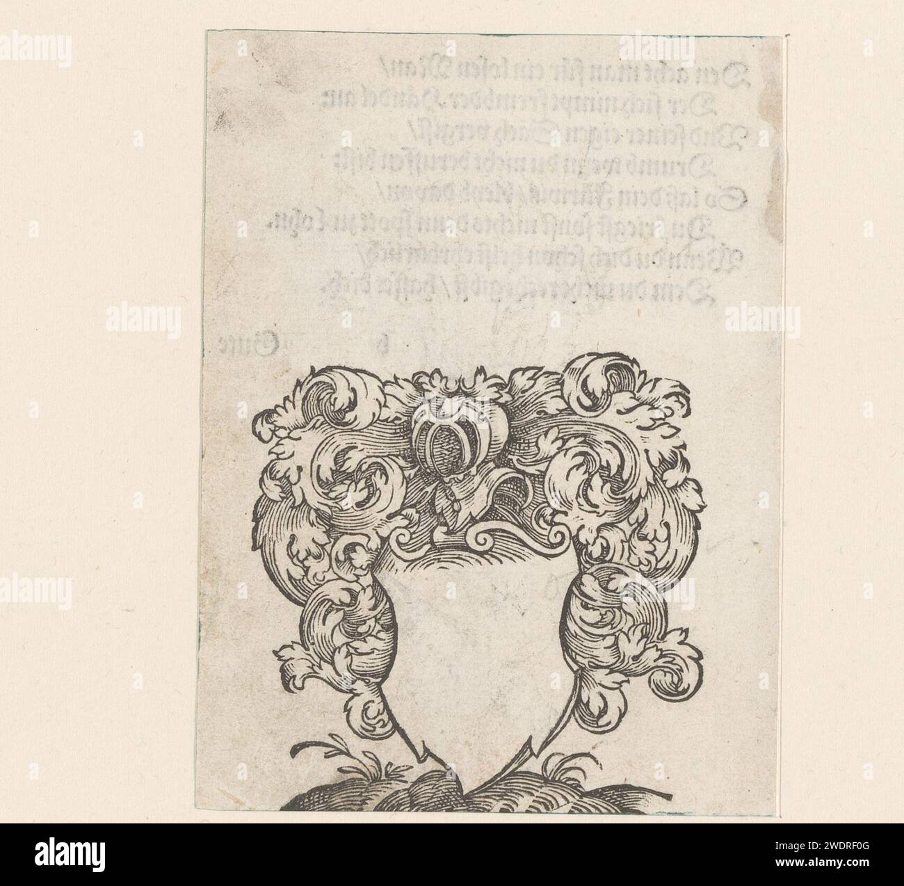 Leeres Wappen mit Lautenspieler als Schildhalter, Anonym, Jost Amman, 1579 Druck Frankfurt am Main Papier Buchdruck Wappenlager, Heraldik. Cithern, Mandoline, Gitarre, Balalaika Stockfoto