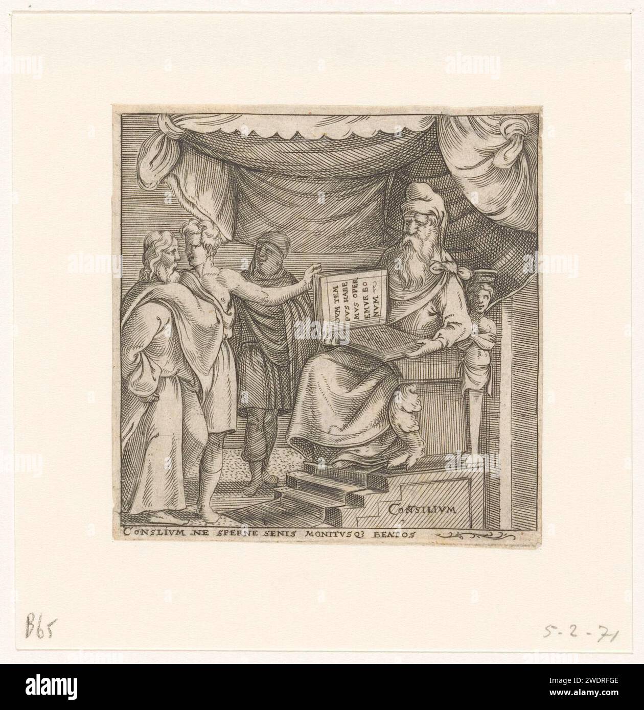 Raad, Enea Vico, nach Francesco Salviati, 1533 - 1567 drucken Einen Richter mit einem offenen Buch [... Tempus Habemus, Operemur Bonum ...]. Drei Männer stehen vor ihm. Lateinischer Text am unteren Rand. Druckerei: Italyprint-Hersteller: Zuid-Nederlandnach Design von: Italien Papiergravur 'Consilium', Counsel  eines der sieben Geschenke des Heiligen Geistes Stockfoto