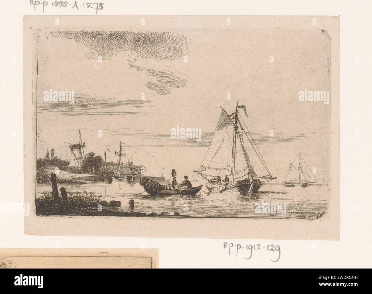 Zwei Männer in einem Ruderboot in Doel, Egidius Linnig, 1853 Druckpapier, das Segelschiff graviert, Segelboot. Ruderboot, Kanu usw. Dorf Lillo Stockfoto