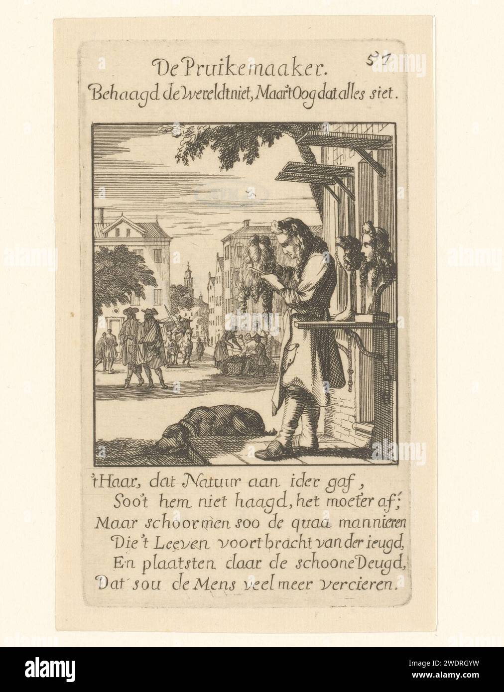 Perückenmacher, Jan Luyken, 1694 Druck oben rechts: 57. Mit sechs Linien frisch auf Niederländisch. Amsterdamer Papierätzer, Perruquier. Straße (+ Stadt (-Landschaft) mit Zahlen, Personal). Kamm, Bürste und andere Werkzeuge (Pflege der Haare). Kunsthandwerk, Handwerker bei der Arbeit Stockfoto