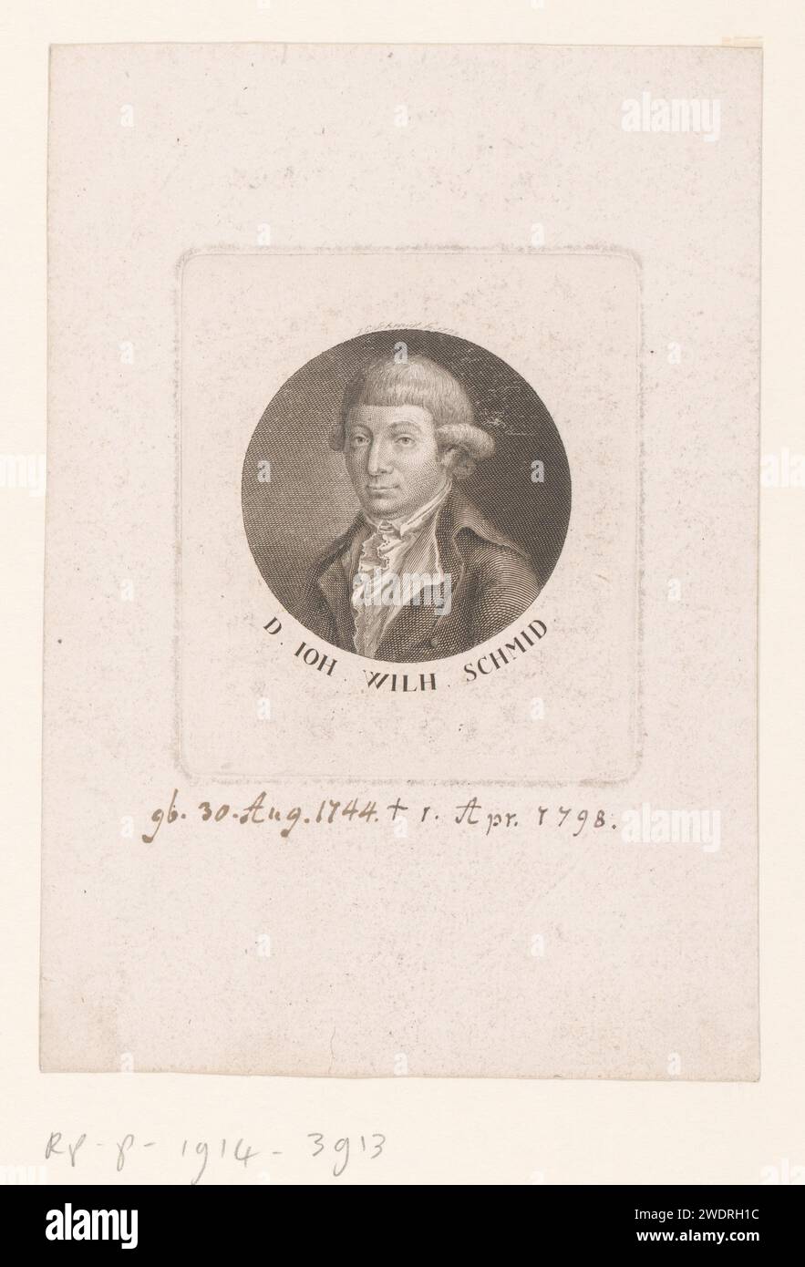 Porträt van Johann Wilhelm Schmid, Johann Gottfried Schmidt, 1765 - 1795 Druckpapierstich historischer Personen Stockfoto