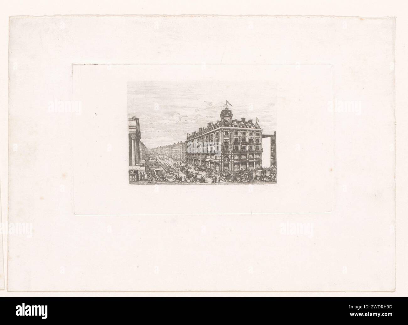 Blick auf das Kaufhaus von Thiéry & Cie in Brüssel, Auguste Numans (zugeschrieben), 1833 - 1880 Druckpapier, das den Blick auf die Stadt im Allgemeinen graviert; „Veduta“. Straße (+ Stadt (-Landschaft) mit Zahlen, Personal). Gebäude, z. B. öffentliches Gebäude, Kaufhaus Brüssel Stockfoto