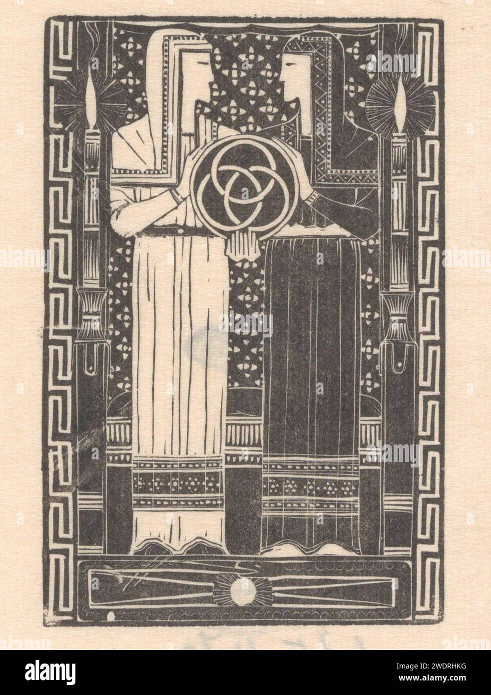 Zwei Figuren mit einem Kreis mit Ringen, Mathieu Lauweriks, 1935 drucken zwei Figuren in langen Gewändern; die linke in weiß und die rechte in schwarz. Zusammen halten sie einen Kreis mit drei Borromäischen Ringen. Die Sonne unter ihren Füßen. Japanisches Papier (handgeschöpftes Papier) drei ineinander verschränkte Kreise ~ Trinity Stockfoto