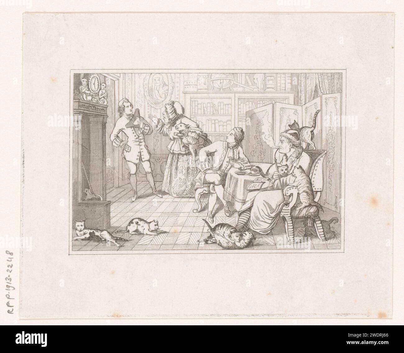Innenraum mit vier Figuren und zehn Katzen, Auguste Numans, 1833 - 1880 Druckpapier Ätzung Innenraum  Darstellung eines Gebäudes. Kat. Pfeife  Tabak. Streit, Argument Stockfoto
