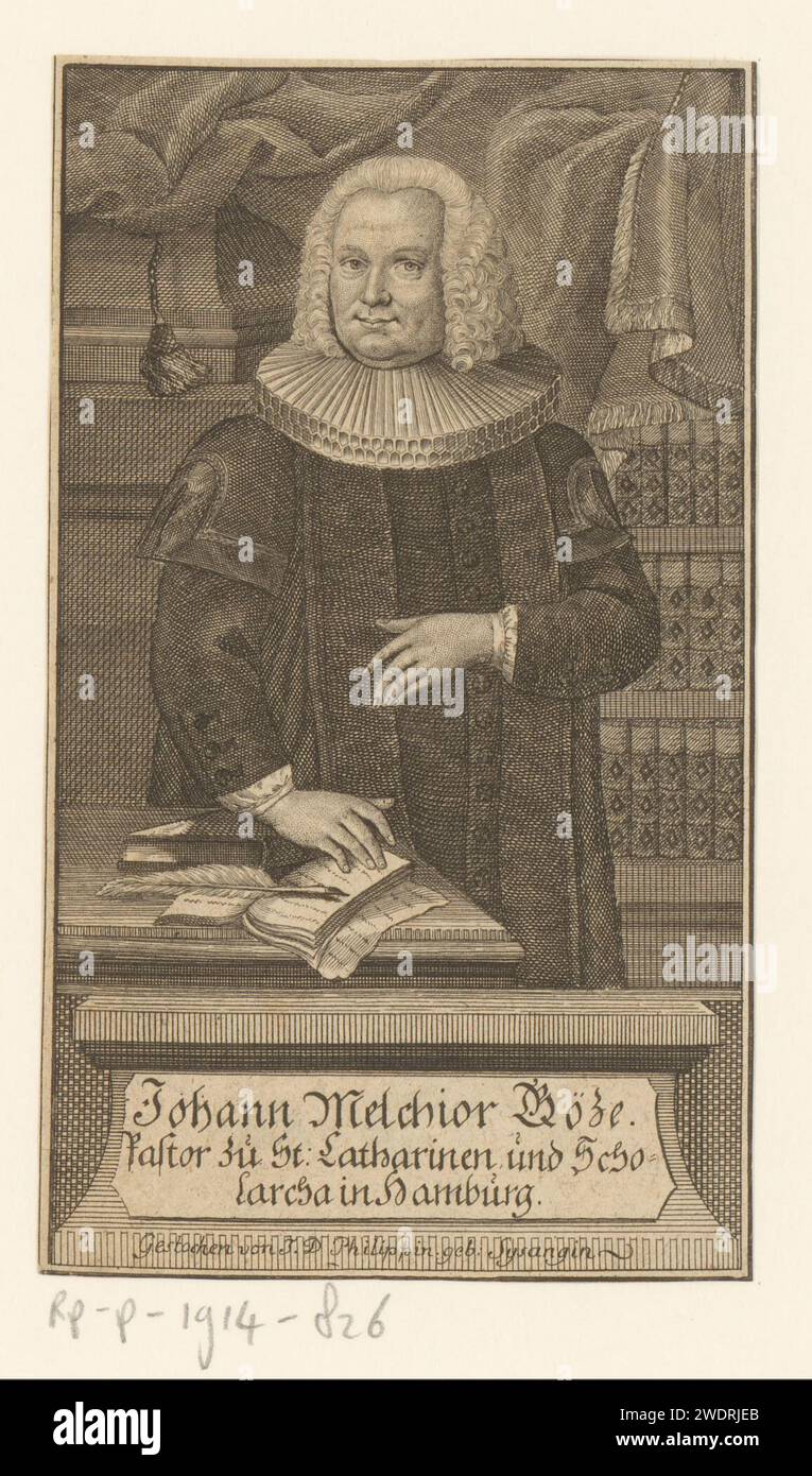 Porträt von Johann Melchior Goeze (II), Johanna Dorothea Sysang, 1739 - 1791 Druckpapierstich historischer Personen. Schreibzubehör. Bücherregale Stockfoto